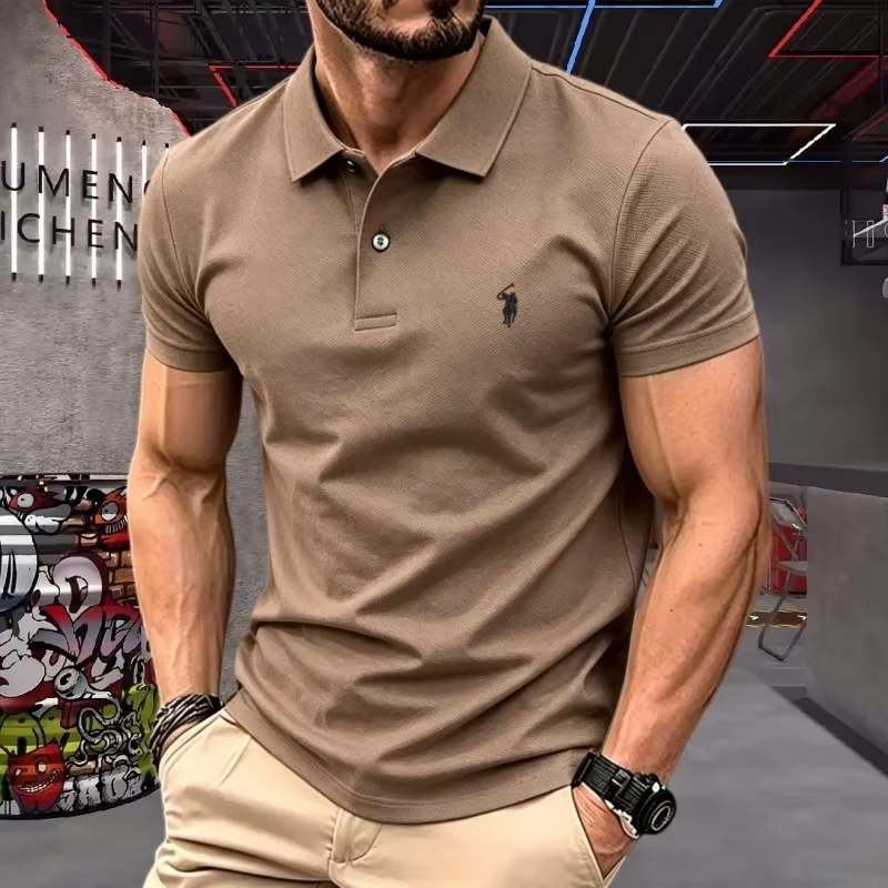 Lindora Brown 100% pure cotton high-end brand men's short sleeve polo shirt 2026 summer luxury fashion pony embroidery golf top casual T-shirt Beige
