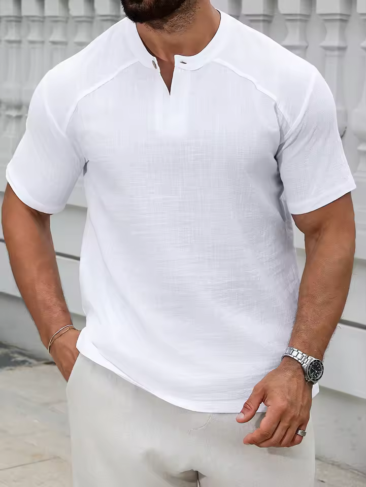 Lindora 1PCS Mens White Linen Short-Sleeved Shirt Top Round-Neck Pullover Casual Solid Color Henry Collar T-Shirt with Buttons Fashion Hippie