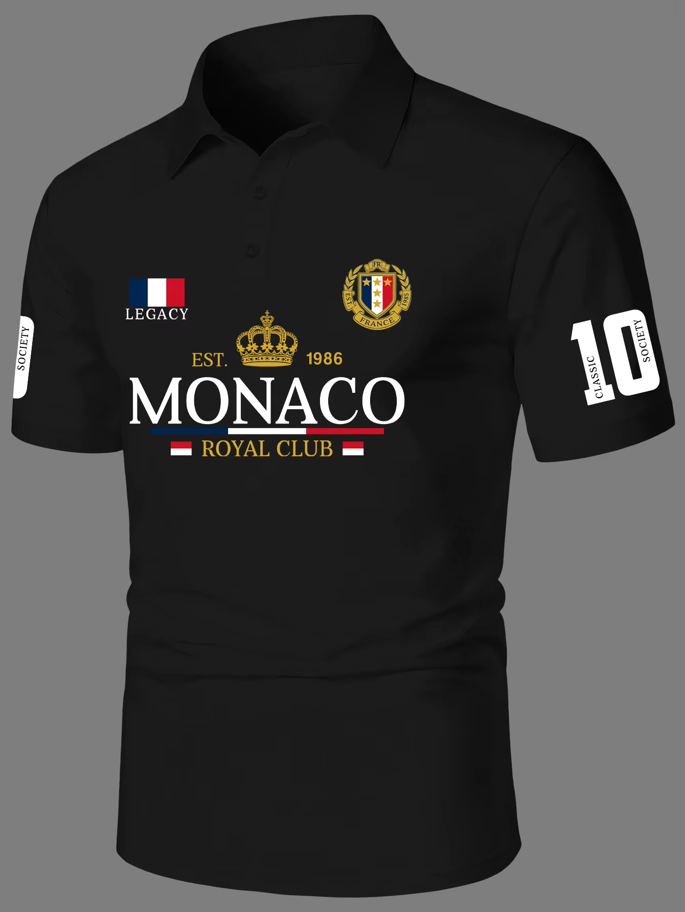 Lindora Men's Elegant Style Black Polo Shirt Royal Crown Print Turn Down Collar Short Sleeve Polyester Tops with Number 10 Sleeve Detail S-XXL