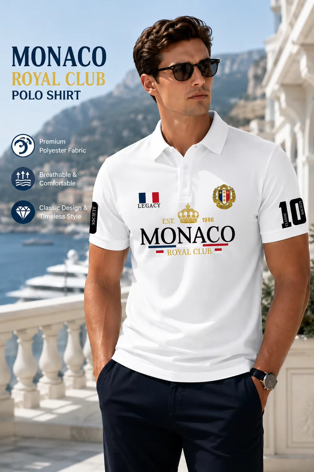 Lindora Men's Elegant Style White Polo Shirt Royal Crown Print Turn Down Collar Short Sleeve Polyester Tops with Number 10 Sleeve Detail S-XXL